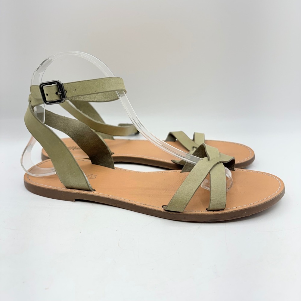 Madewell Boardwalk Ankle Strap Sandals Olive Green‎ Leather Flat Womens 9.5